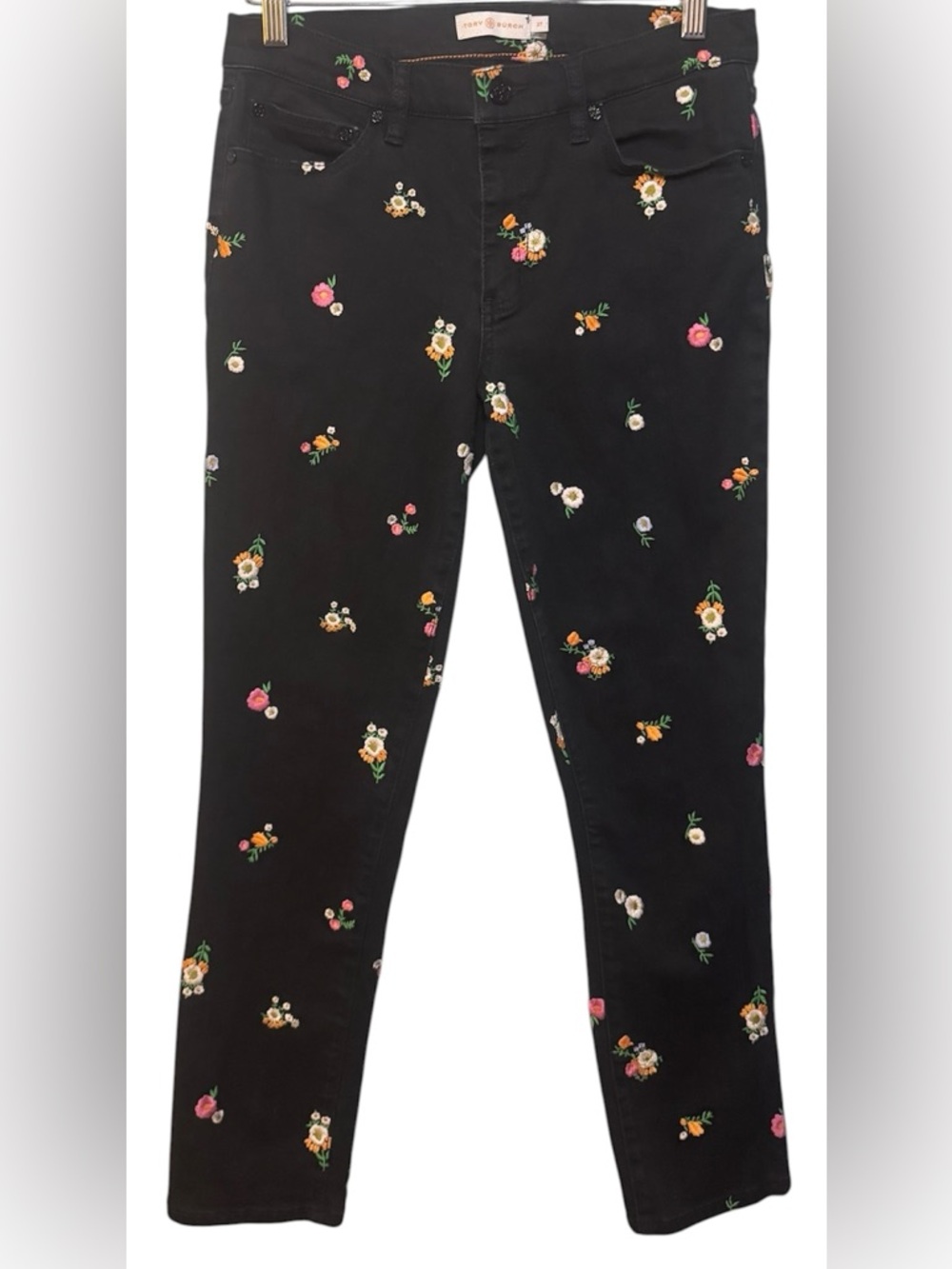 Tory Burch Black Floral Embroidered Skinny Jeans Size 27